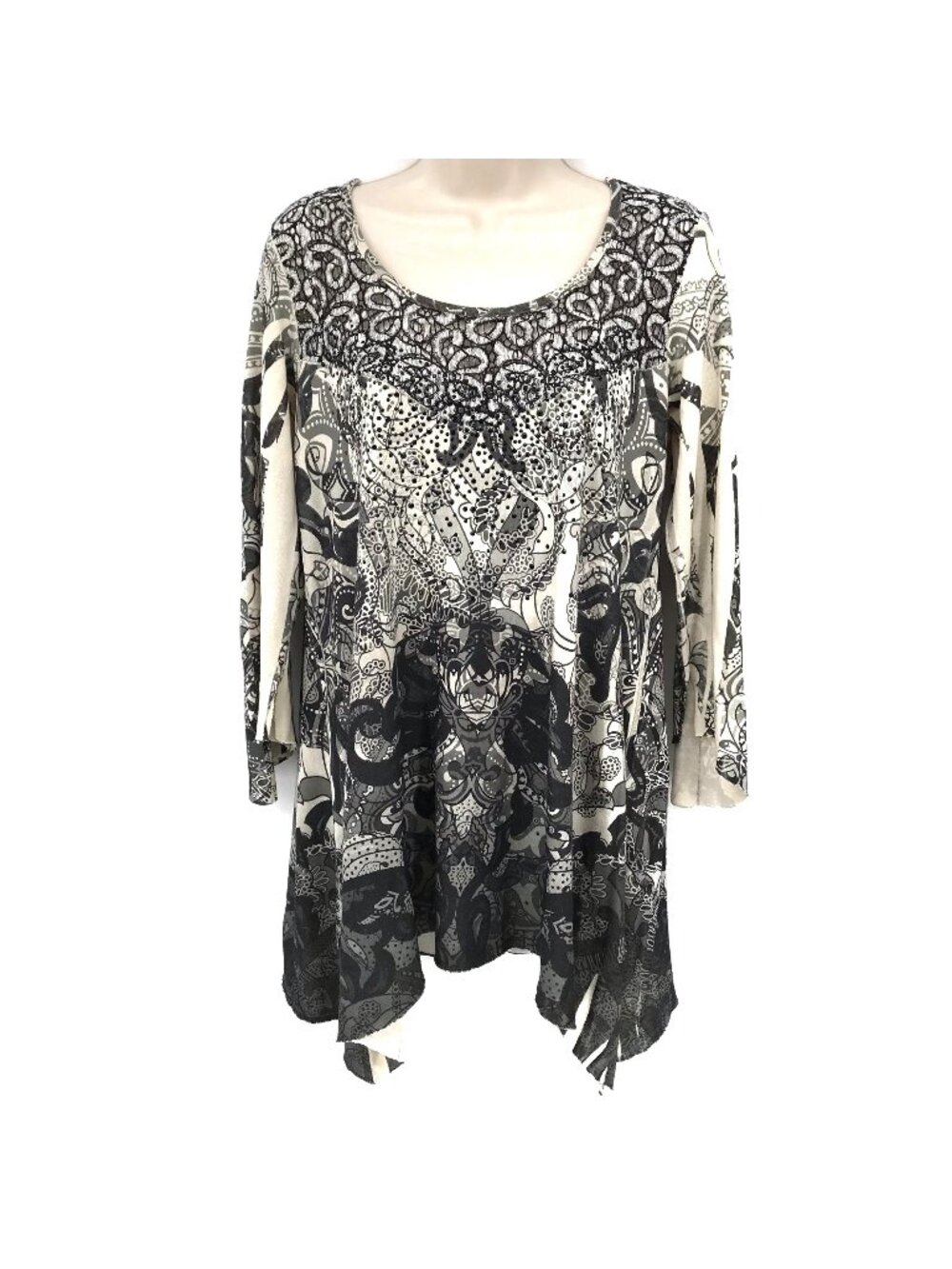 B.L.E.U. Womens Black & White Abstract Print Lace Scoop Neck Long Sleeve Tunic M